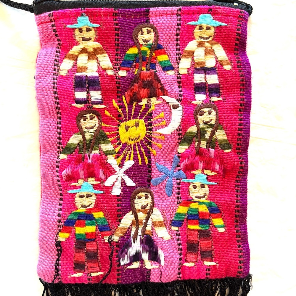 Vintage Crossbody worry dolls embroidered pink handmade in Peru. NWOT - Picture 10 of 11